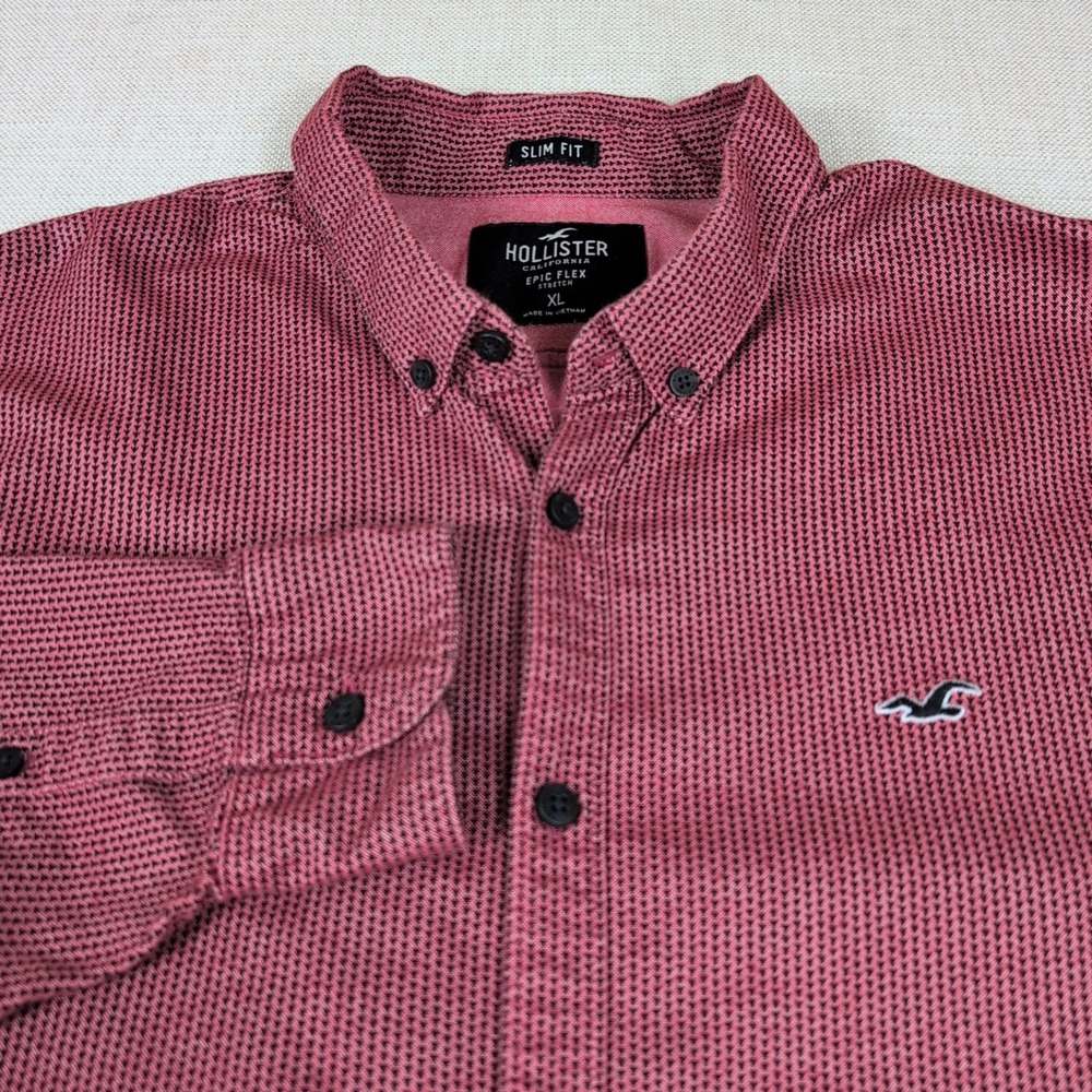 Hollister Epic Flex Slim Fit Shirt Mens XL Burgundy Micro Geometric Print Prep